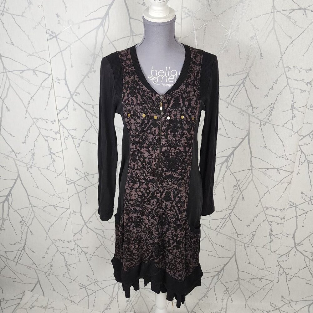 Dolcezza Knit Mixed Fabric Zip Front V-Neck Flutter Hem Midi Dress